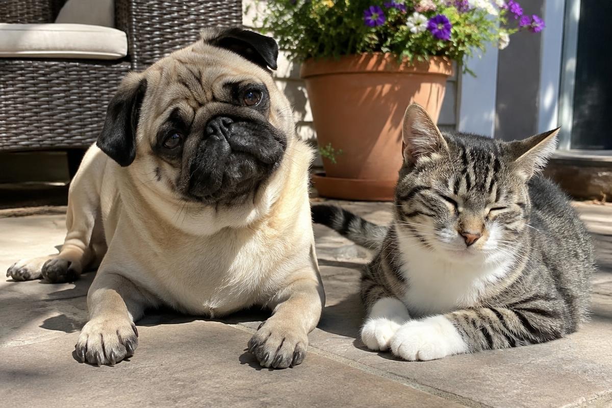 Pug and cat relaxing on a patio