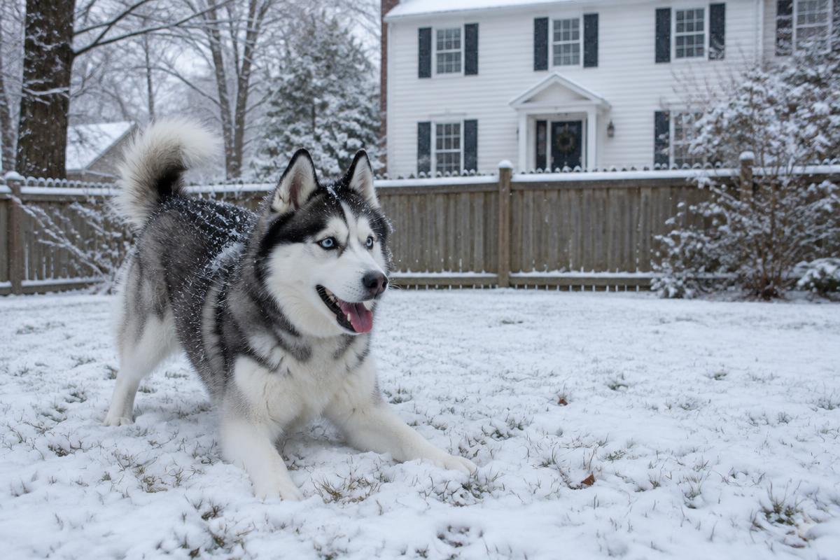 Husky playing in a snowy backyard