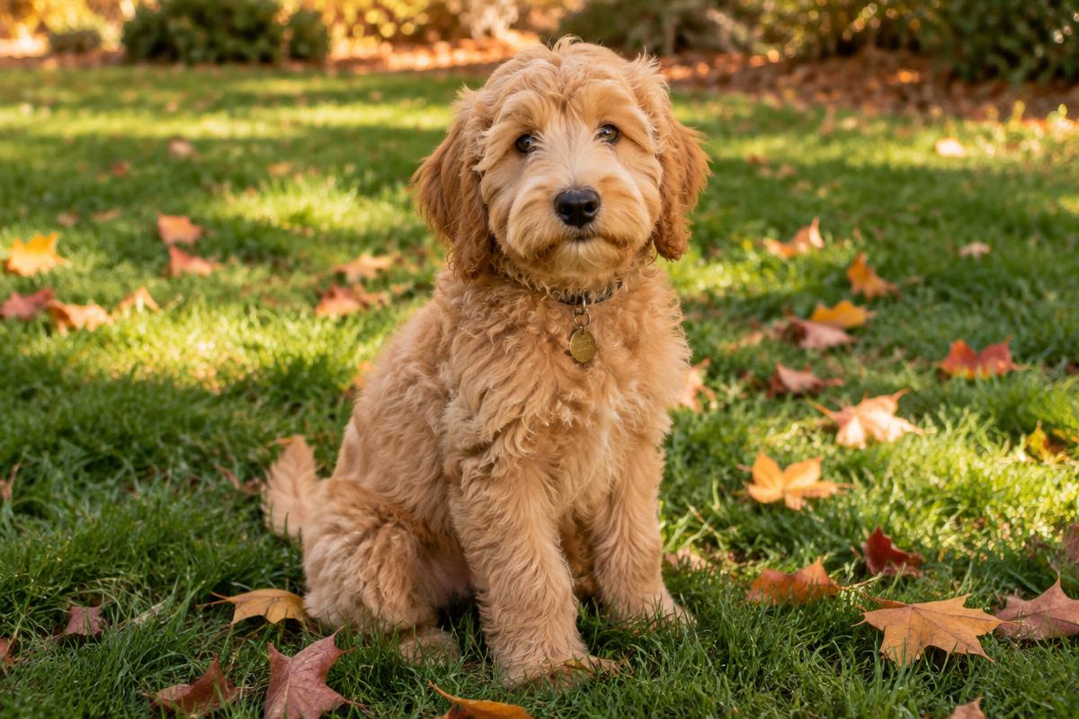 Doodle puppy sitting on grass with fall leaves