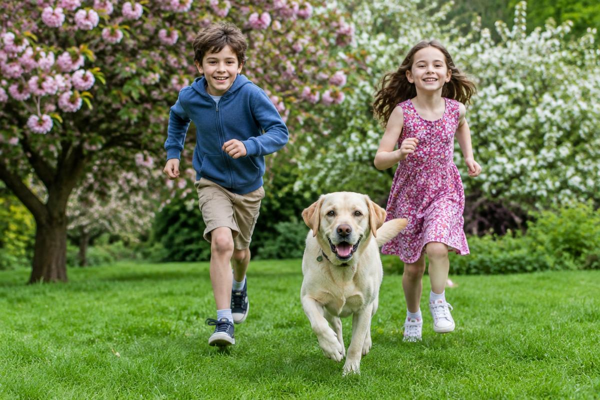 Kids running with a labrador on a spring lawn