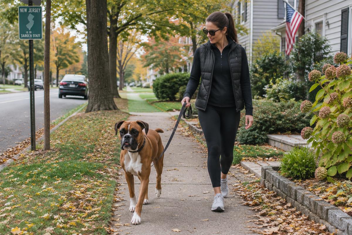 Woman walking a boxer on a suburban sidewalk