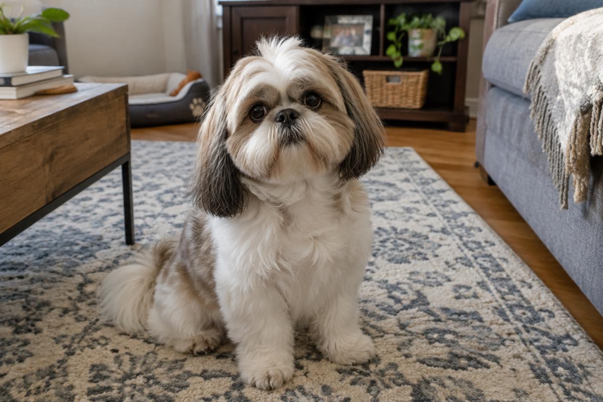 Shih tzu sitting on a living room rug
