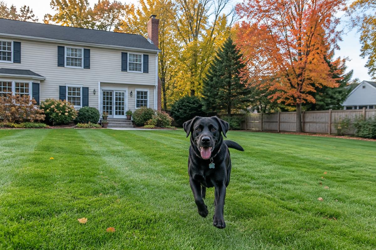 Black lab running across a clean backyard lawn