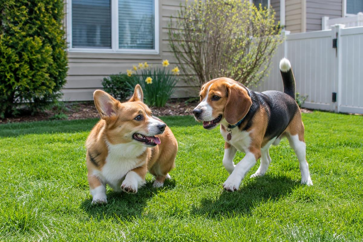 Corgi and beagle playing in a tidy townhouse yard